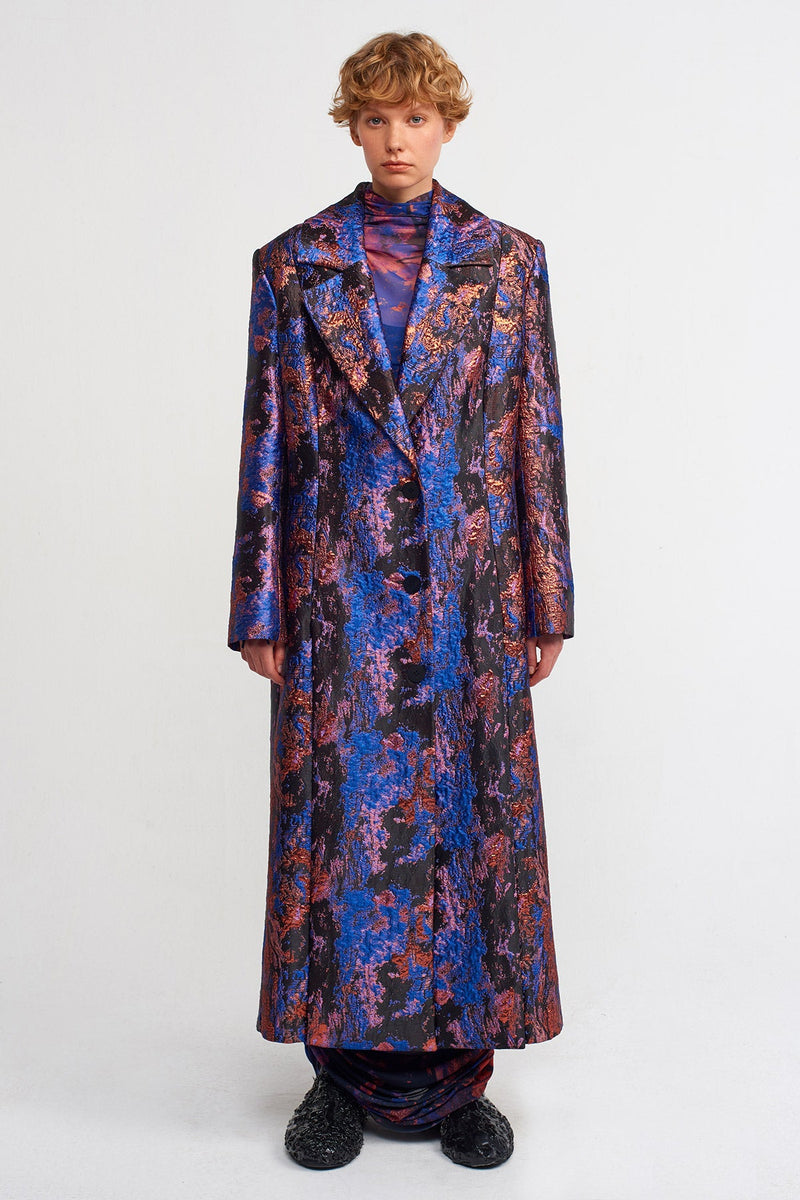 NU Jacquard Patterned Long Coat Multi Color
