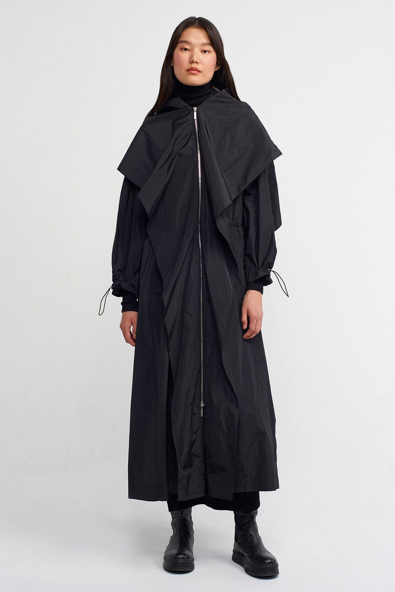 NU Shawl Collar Long Trench Coat Black