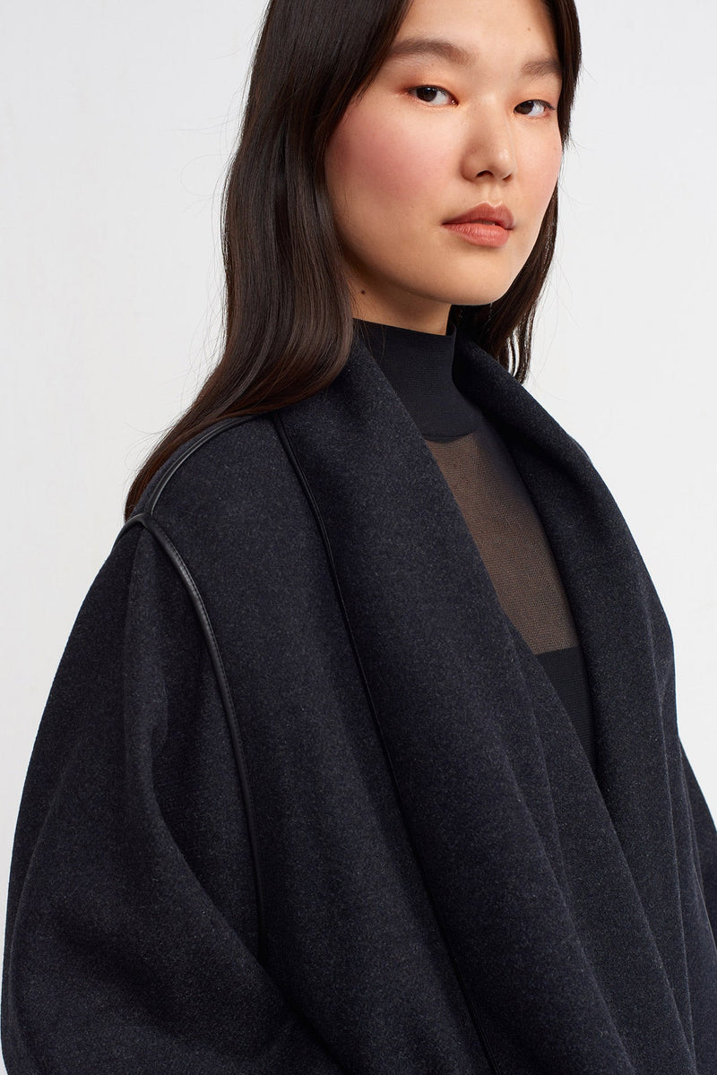 NU Textured Coat With Piping Detail Dark Grey