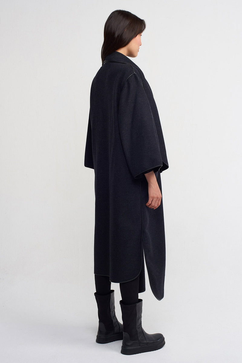 NU Textured Coat With Piping Detail Dark Grey