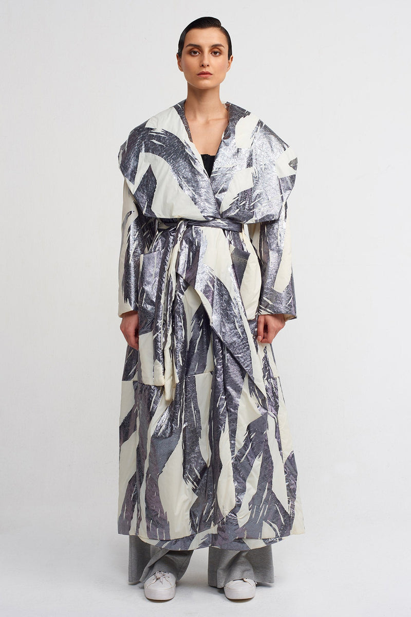 NU Brush Print Long Trench Coat Dark Grey
