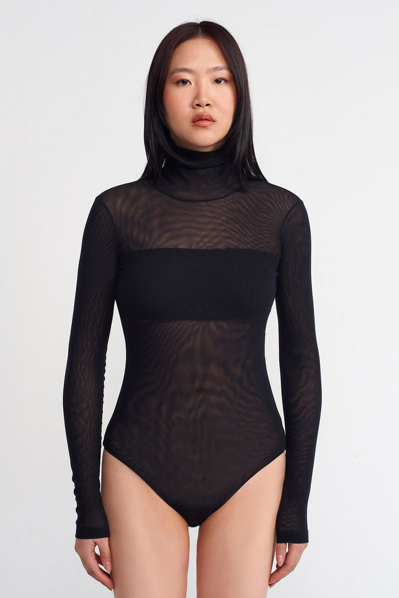 NU Turtleneck Mesh Bodysuit Black