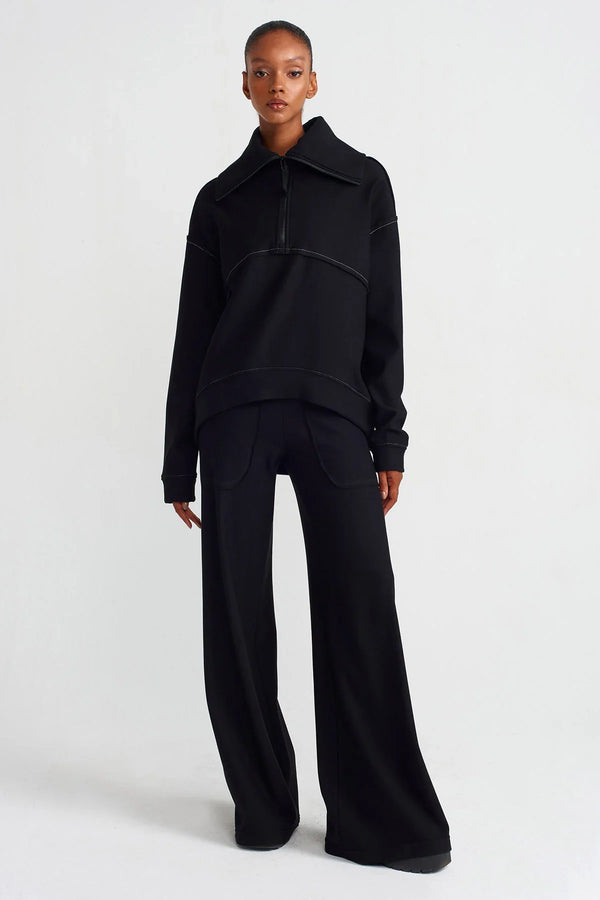 NU Zip Neck Contrast Stitch Sweatshirt Black