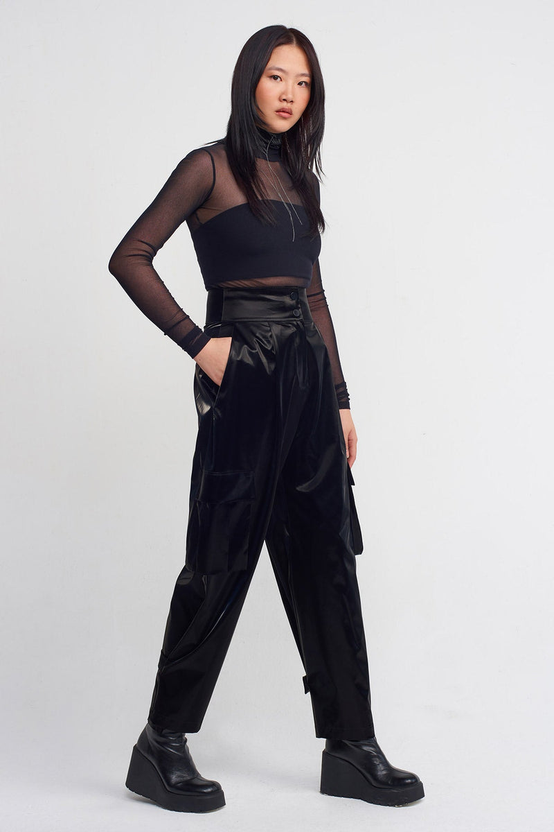NU Shiny Cargo Pocket Trousers Black