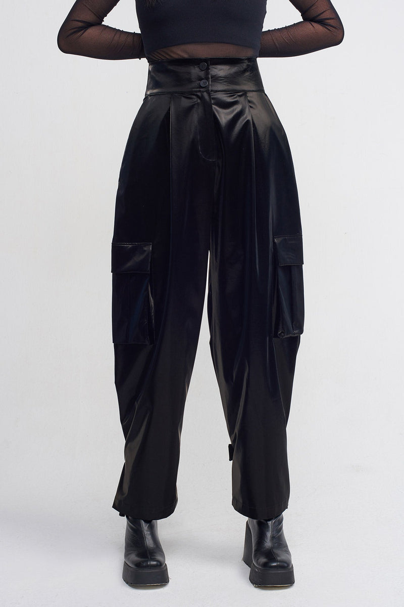 NU Shiny Cargo Pocket Trousers Black