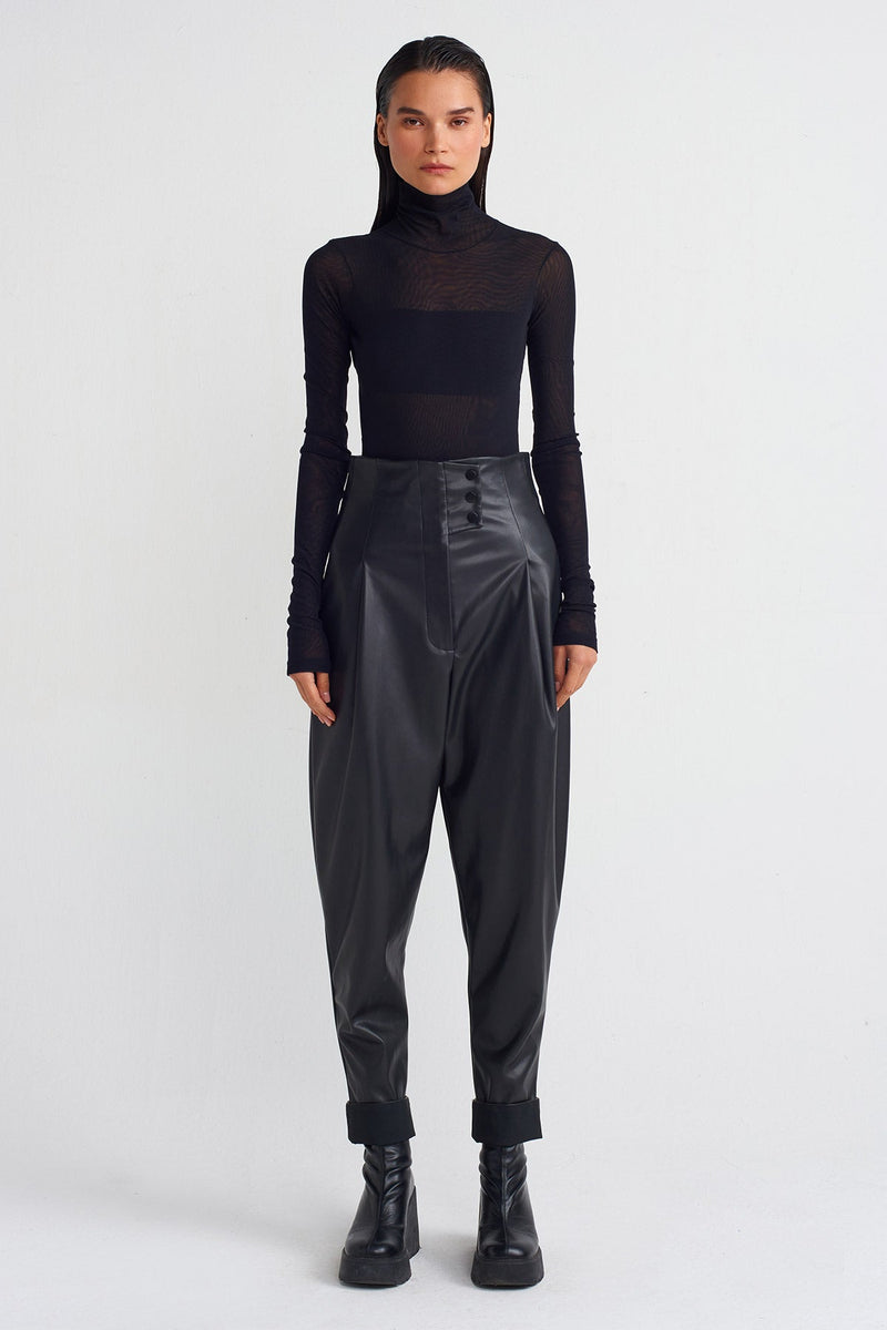 NU High-Waisted Leather Trousers Black