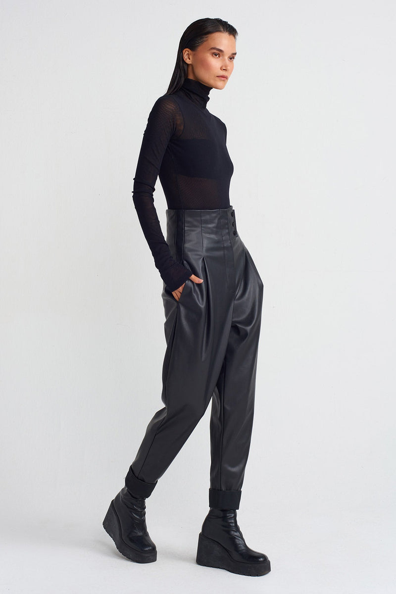 NU High-Waisted Leather Trousers Black