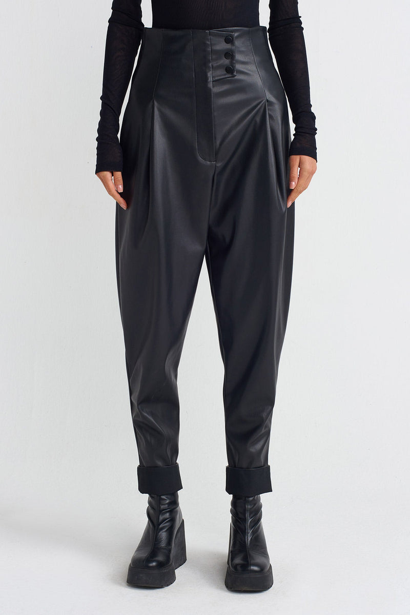NU High-Waisted Leather Trousers Black