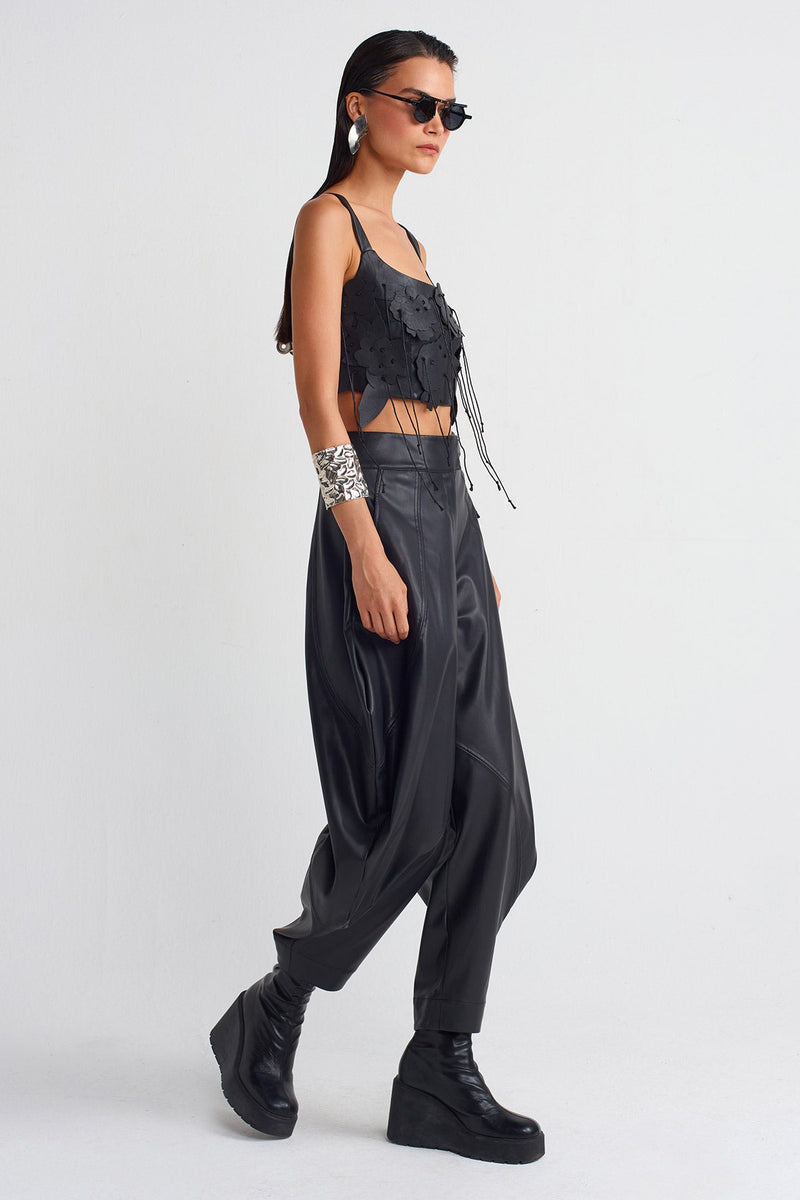 NU Draped Leather Trousers Black