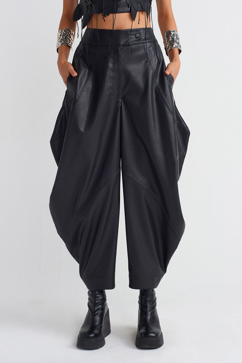 NU Draped Leather Trousers Black