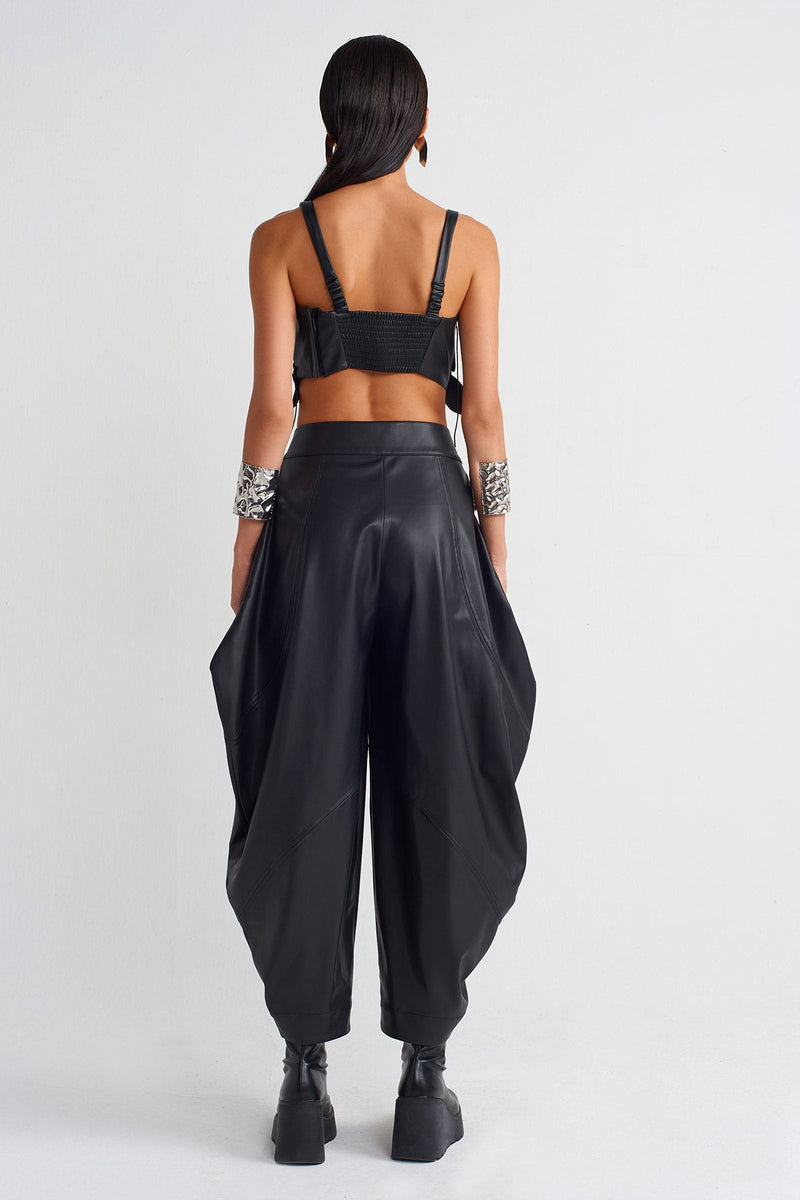 NU Draped Leather Trousers Black