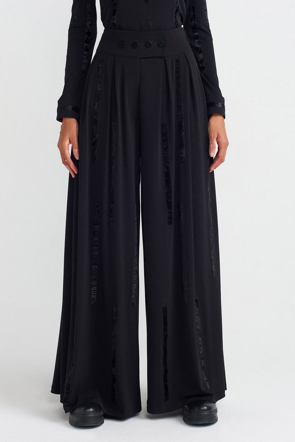 NU Velvet Striped Palazzo Trousers Black
