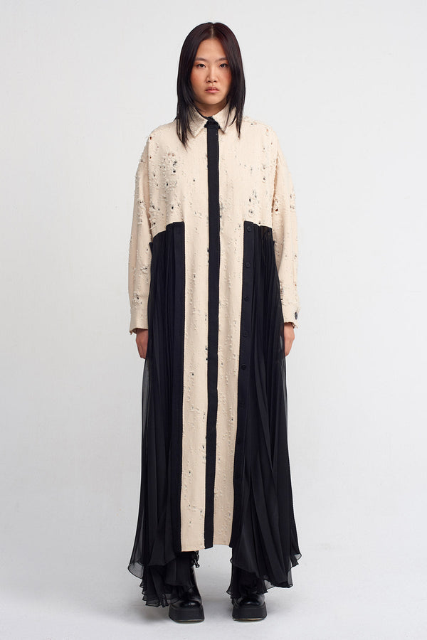 NU Frayed Gabardine, Pleated Detailed Long Dress Natural/Black