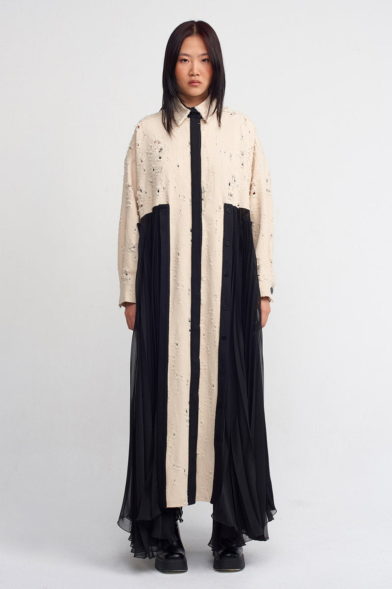 NU Frayed Gabardine, Pleated Detailed Long Dress Natural/Black