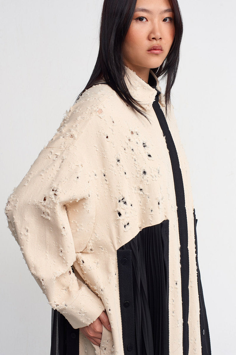 NU Frayed Gabardine, Pleated Detailed Long Dress Natural/Black