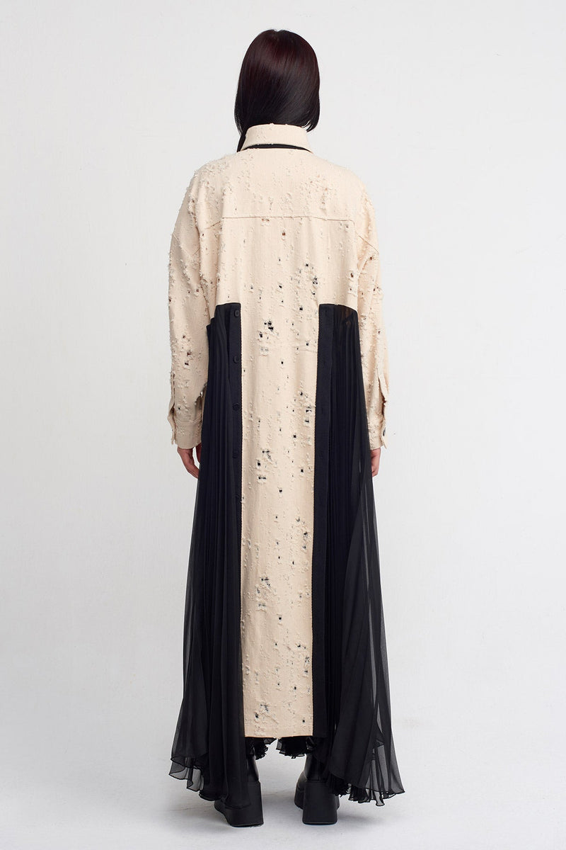 NU Frayed Gabardine, Pleated Detailed Long Dress Natural/Black