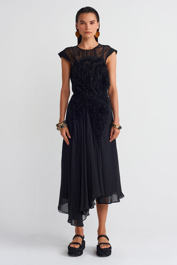 NU Rose Appliqué Organza Dress Black
