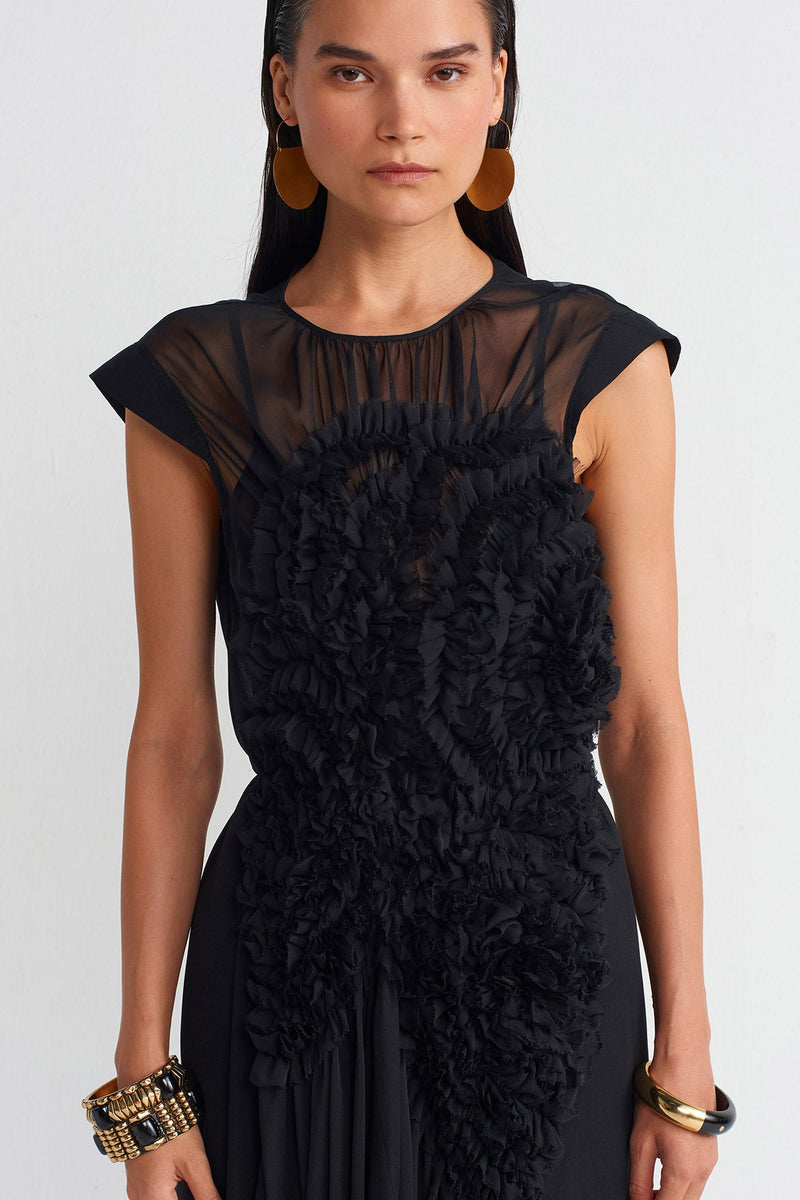 NU Rose Appliqué Organza Dress Black