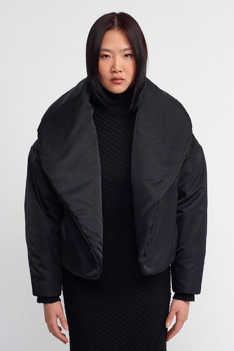 Nu Oversized Collar Short Coat Black