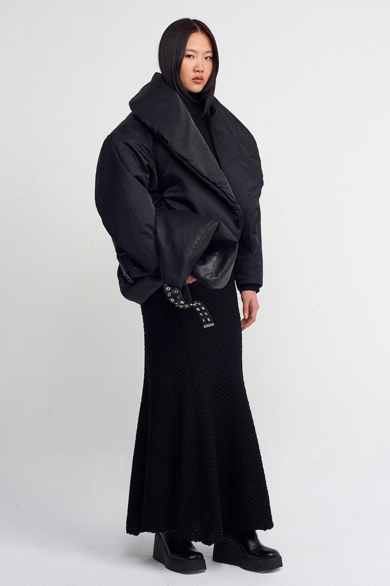 Nu Oversized Collar Short Coat Black