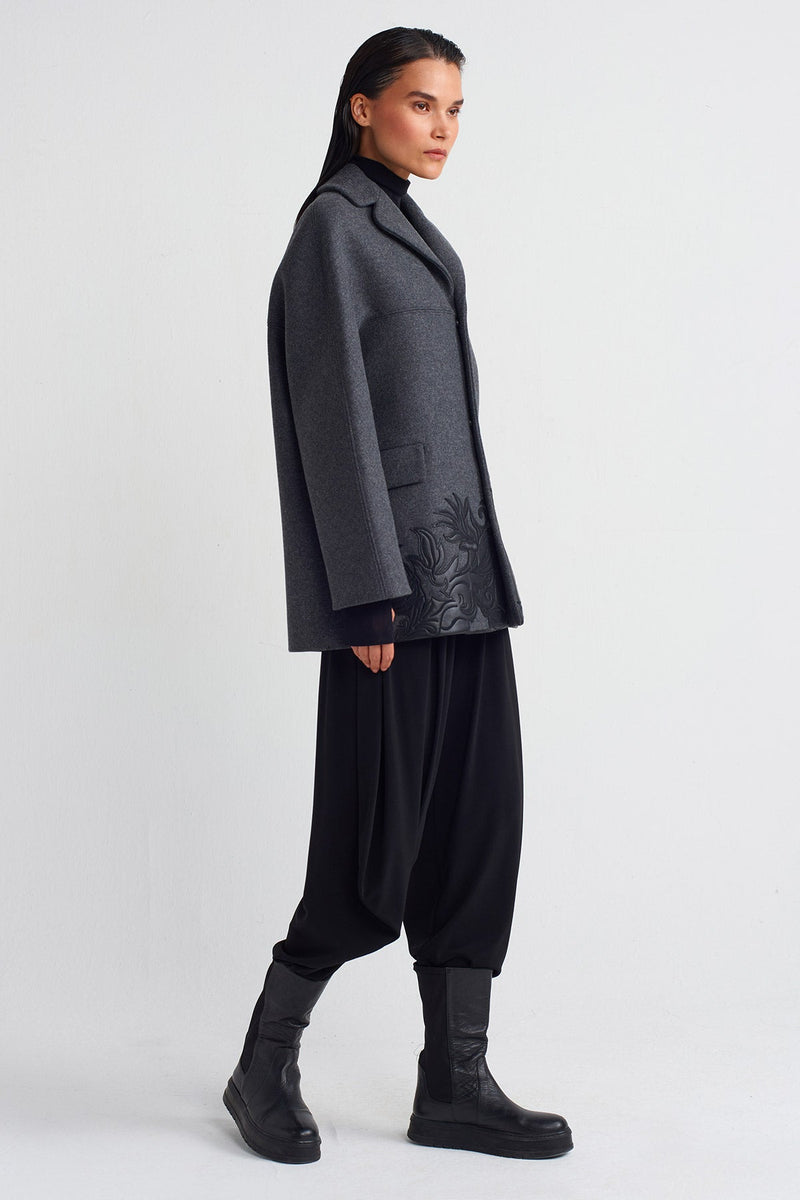 NU Leather Motif Detailed Coat Grey Melange-Black