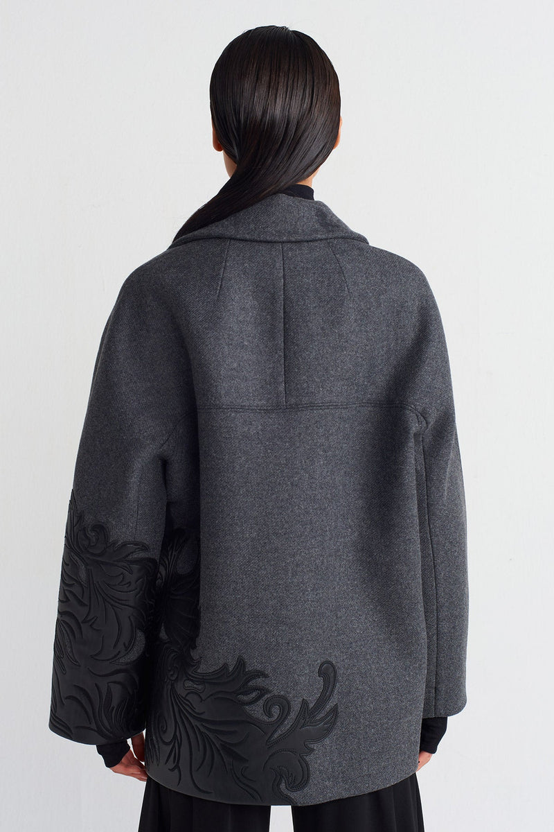 NU Leather Motif Detailed Coat Grey Melange-Black