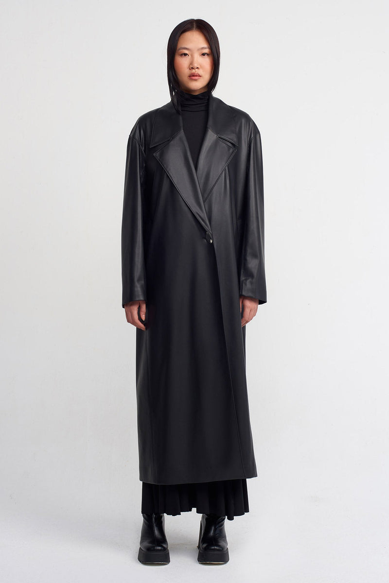NU Vegan Leather Long Coat Black