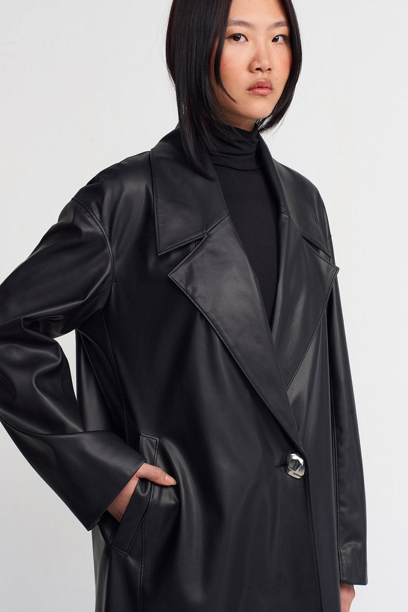 NU Vegan Leather Long Coat Black