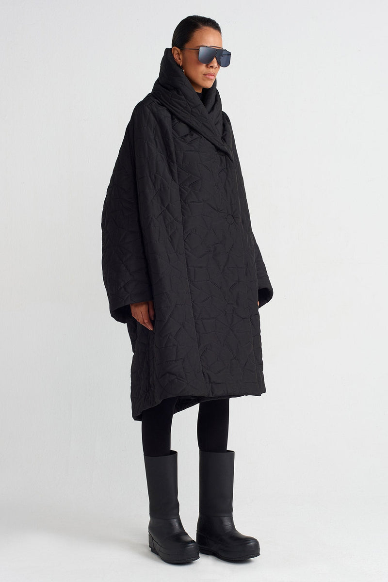 NU Irregular Quilted High Neck Coat Black