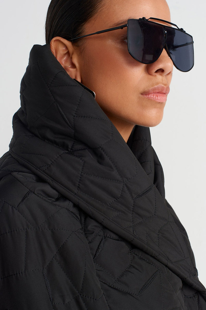 NU Irregular Quilted High Neck Coat Black
