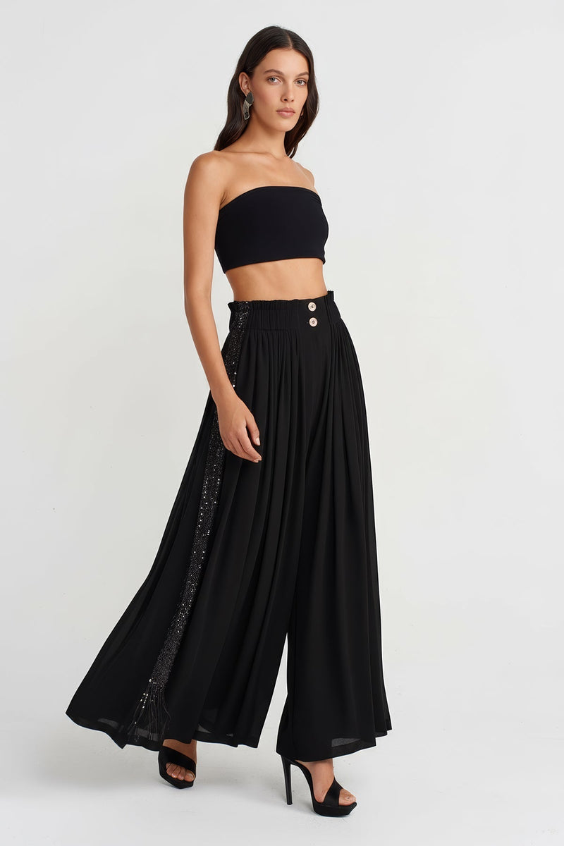 Nu Wide-Leg Pants With Sequin Embroidery On Sides Black