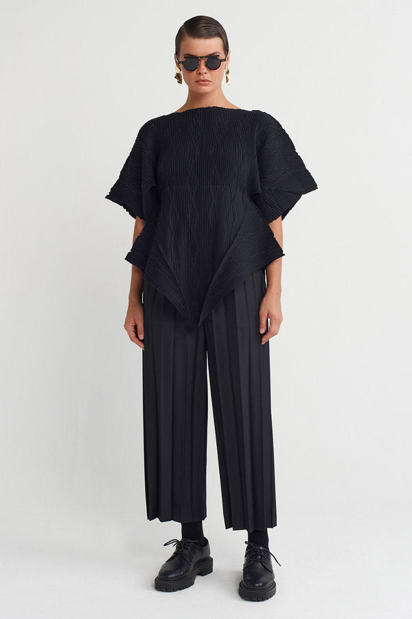 NU Asymmetrical Pleated Blouse Black