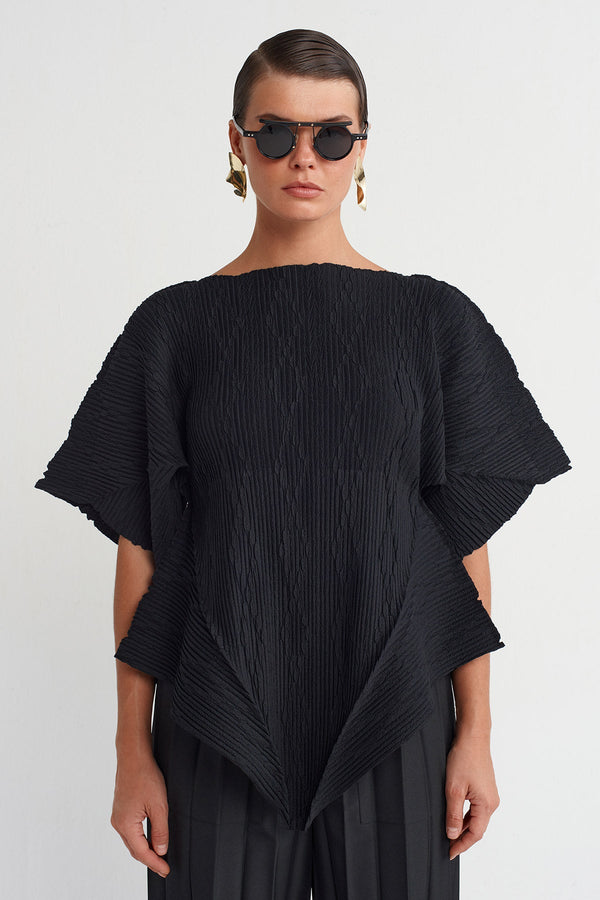 NU Asymmetrical Pleated Blouse Black