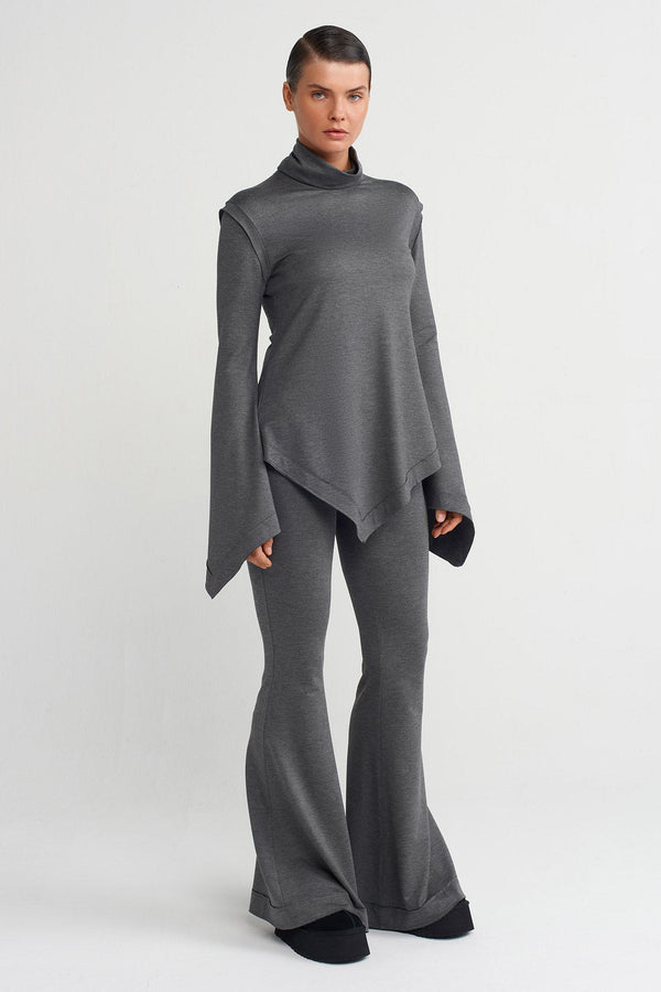 NU Cowl Collar Asymmetrical Blouse Dark Grey Melange