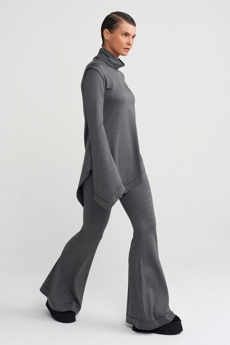 NU Cowl Collar Asymmetrical Blouse Dark Grey Melange