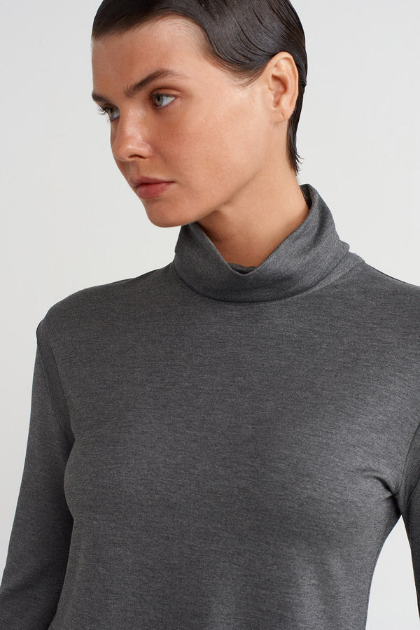 NU Cowl Collar Asymmetrical Blouse Dark Grey Melange