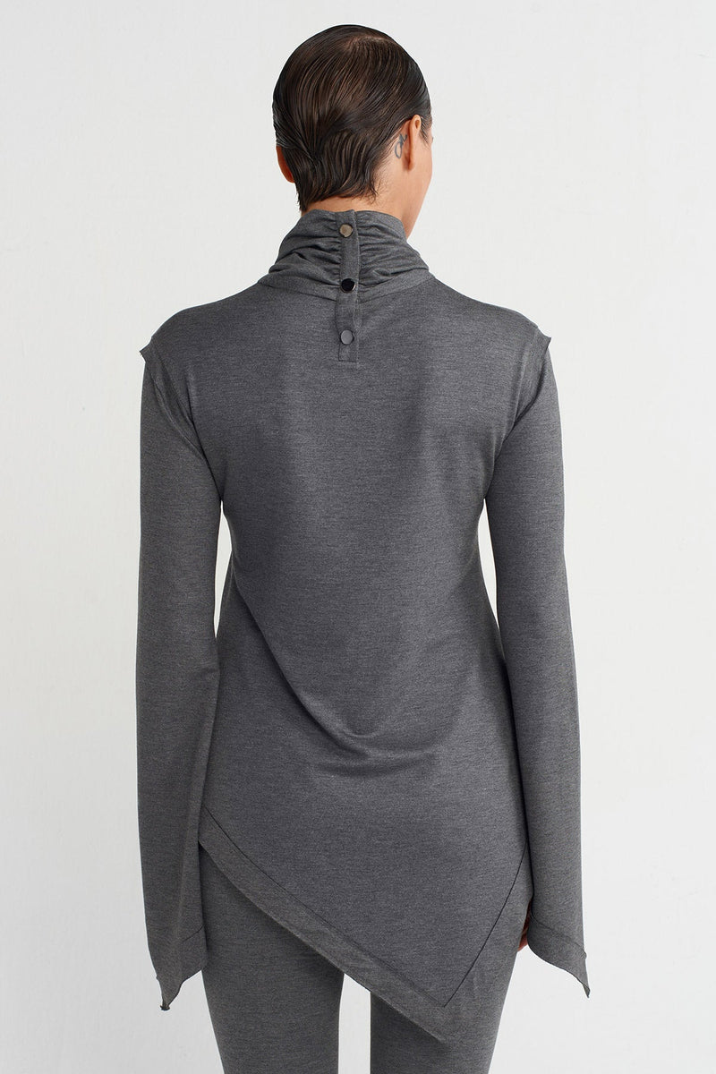 NU Cowl Collar Asymmetrical Blouse Dark Grey Melange