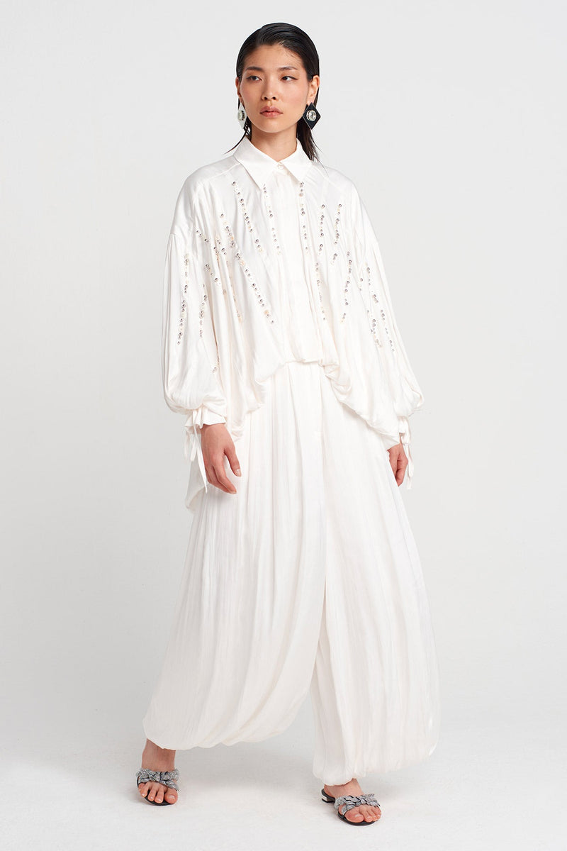 NU Embroidered Satin Shirt Off White