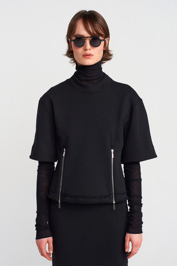 Nu Zipper Detailed Thick Fabric T-Shirt Black