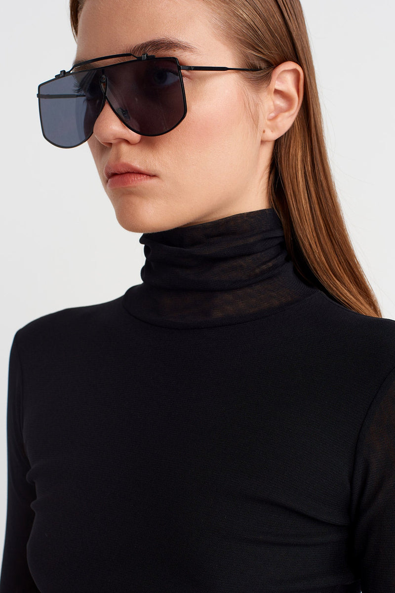 Nu Sheer Bodysuit With Metal Sleeve Accents Black