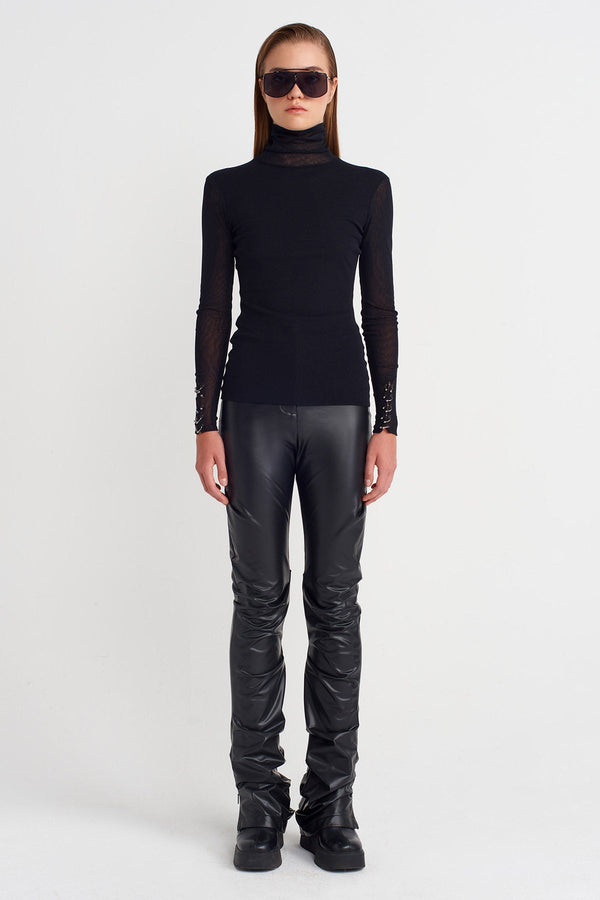 Nu Sheer Bodysuit With Metal Sleeve Accents Black