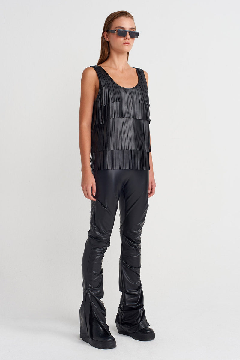 Nu Vegan Leather Fringe Blouse Black