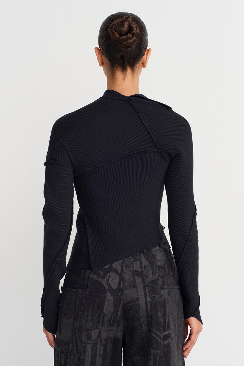 Nu Asymmetric Zipped Long Sleeve Top Black
