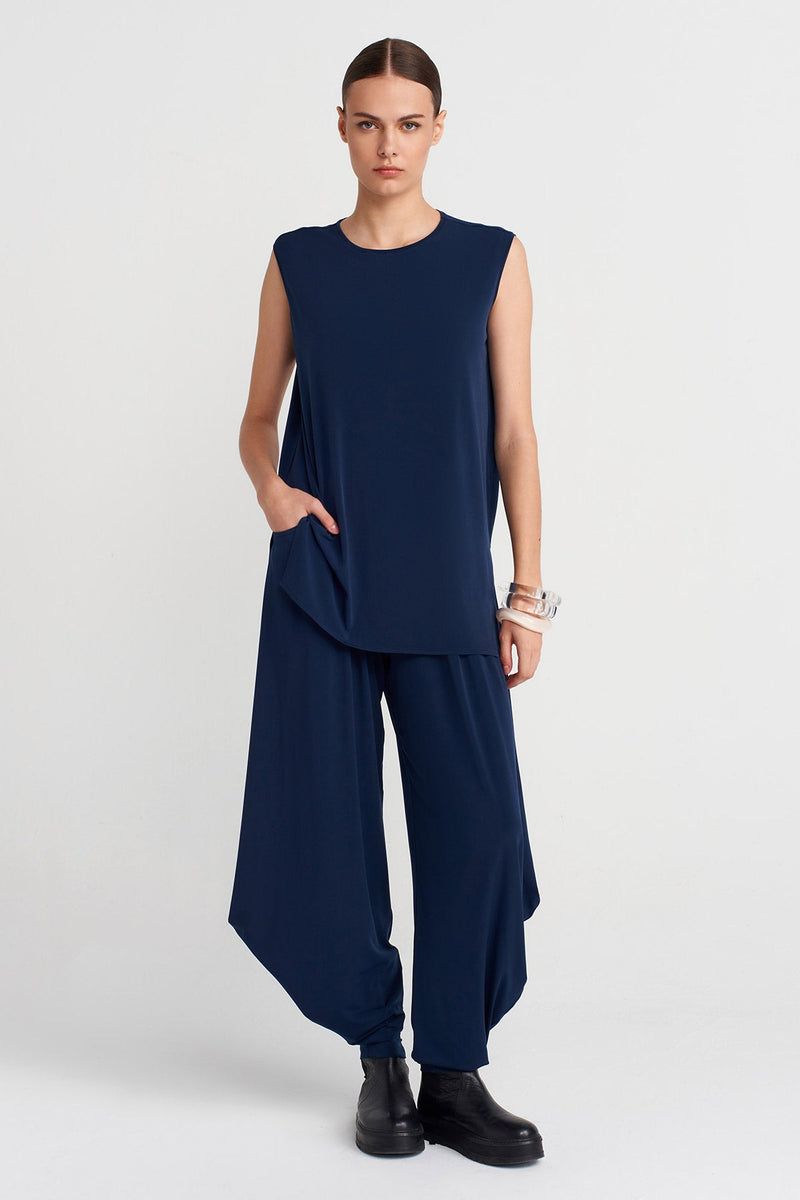 Nu Side Slit Jersey Blouse Blue+Black