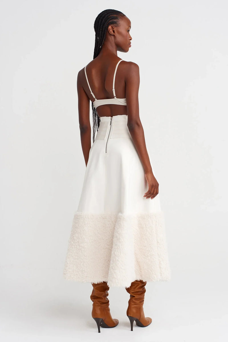 NU Multi-Belted Denim-Fur Combination Skirt Off White
