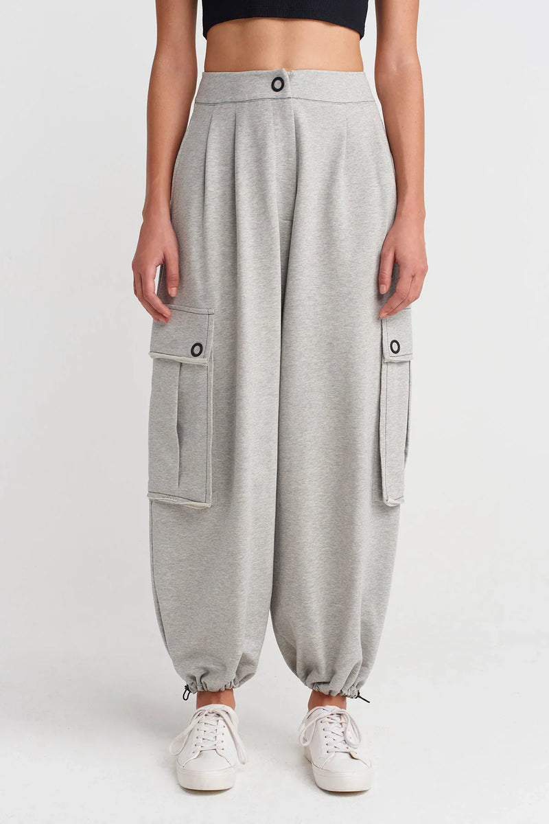 NU Drawstring Hem Pants With Large Pockets Light Grey Melange
