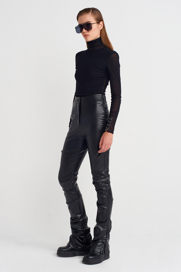 Nu Ruched Long Vegan Leather Trousers Black