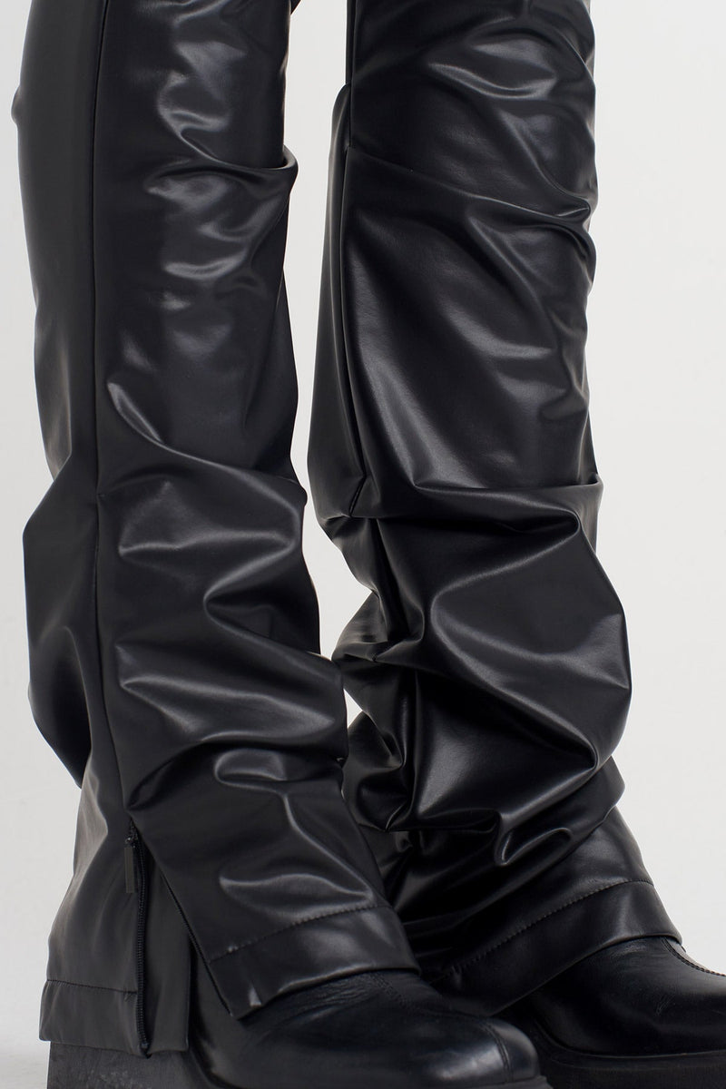 Nu Ruched Long Vegan Leather Trousers Black