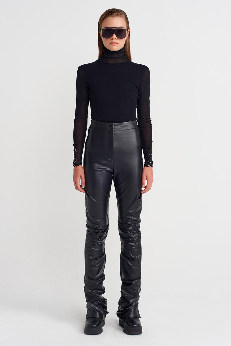 Nu Ruched Long Vegan Leather Trousers Black