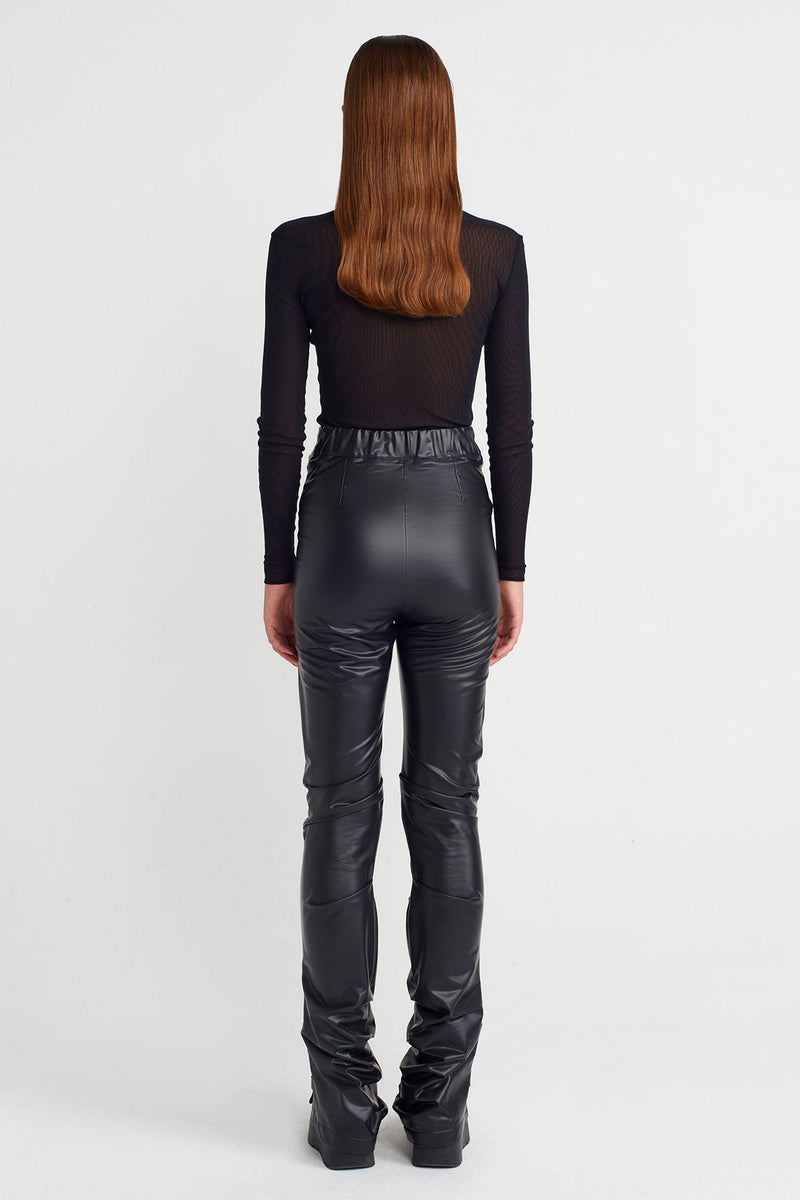 Nu Ruched Long Vegan Leather Trousers Black